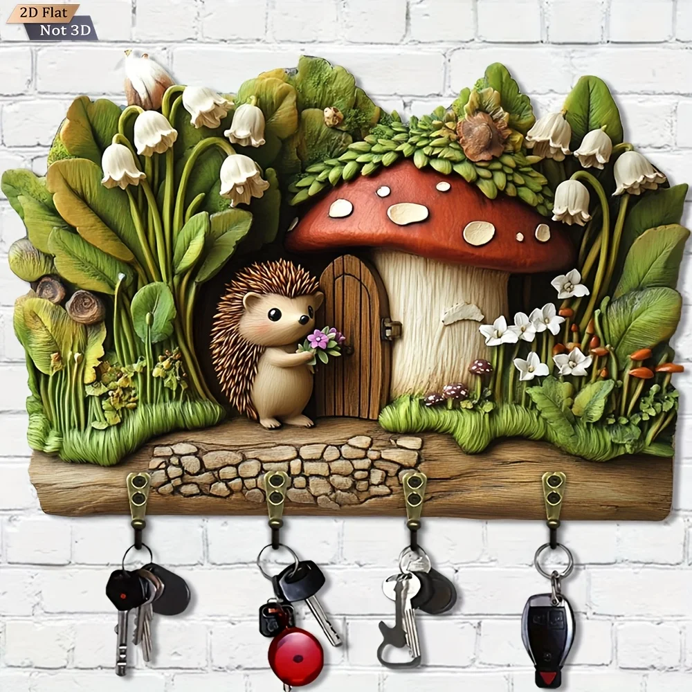 1pc Forest Hedgehog Mushroom House Wooden Multi-Functional Key Holder, 11.8