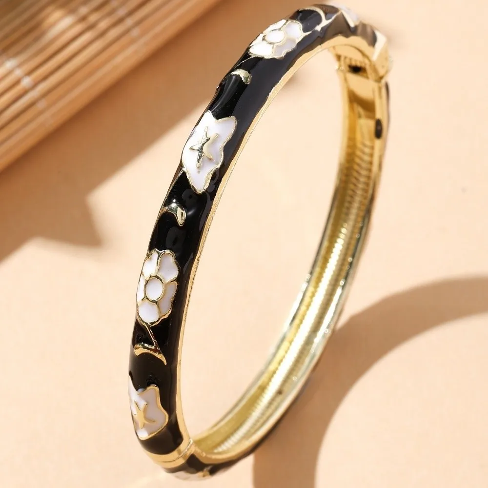 Colorful Vintage Cloisonne Bangle Opening Retro Design Women's Hand Bracelet Traditional Flower Elegant Flower Opening Bangle