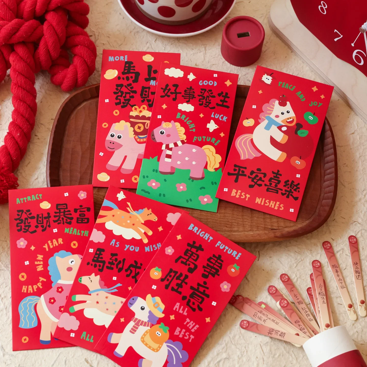 6Pcs/Set Paper 2026 Horse Year Red Envelope Traditional Cartoon Chinese New Year Envelope Lucky Bless Words
