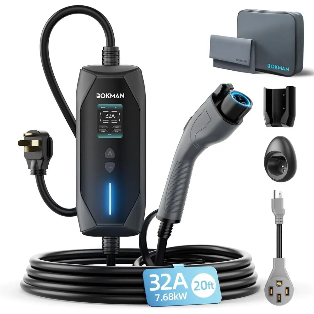 

Portable Level 2 & 1 EV Charger, 240V 32A, 20ft Cable, NEMA 14-50 Plug, NEMA 5-15 Adapter, Adjustable 6-32Amp J1772 Control