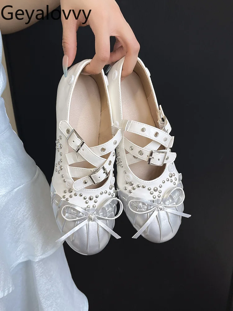 

Girly Punk Style Rivet Bow Casual Cute Mary Jane Shoes Femme Summer Autumn French Sweet Elegant Flat for Women 2025 New