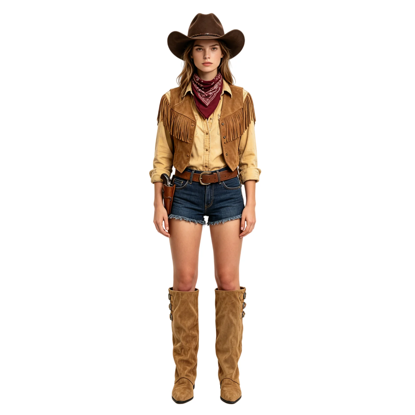 Women's Western Cowboy Boots Slouchy Knee High Boots Fashion Pointed Toe Faux Suede Leather Boots with Three Buckle