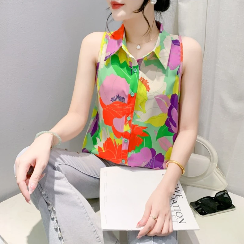 2025 Summer Print Sleeveless Shirts for Women Fashion Slim Straight Women's Clothing Flower Single Breasted Blouse OL Women Tops