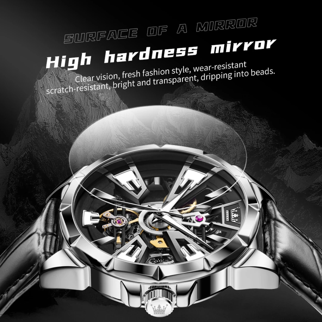 OLEVS 7051 Mechanical Fashion Watch Gift Round-dial Genuine Leather Watchband Wristwatch Luminous