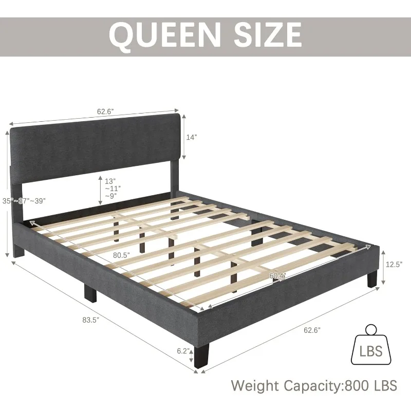 Queen Bed Frame Upholstered Bed Frame Platform with Adjustable Headboard Linen Fabric Headboard Wooden Slats Support