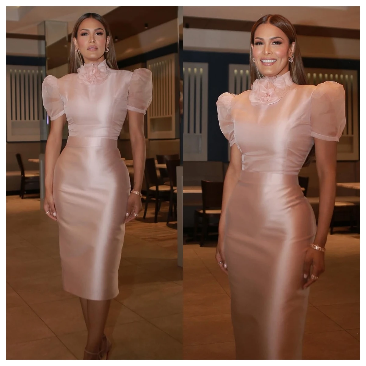 Maßgeschneidertes zartes rosa Satin-Abendkleid mit hohem Kragen und kurzen Ärmeln, Brautparty, Vestido De Festa, Blumen-Temperament