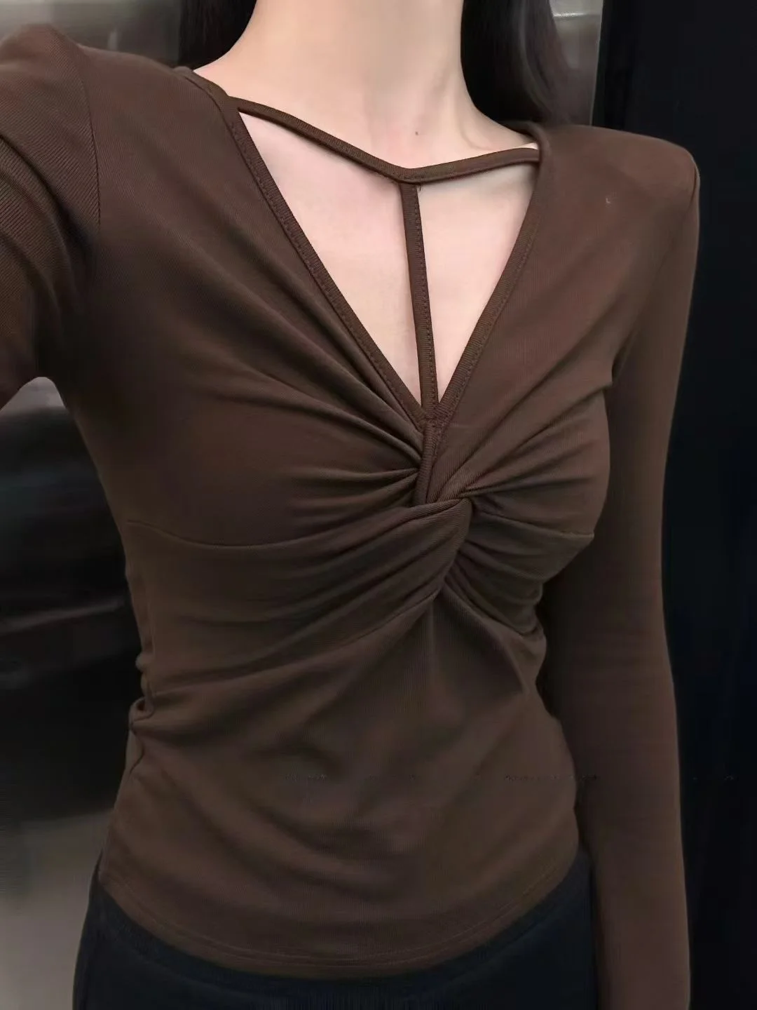 Camiseta coreana Sle Long Sve Fce para mujer, diseño de nudo en V, Top ortopé ajustado, algodón suave y cómodo, novedad de invierno