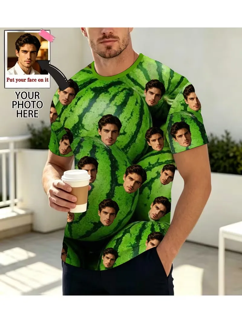 Custom Face French Fries T-Shirt For Men Personalized Photo Print Funny Potato Chips Graphic Tee Casual Short Sleeve Tshirt Gift