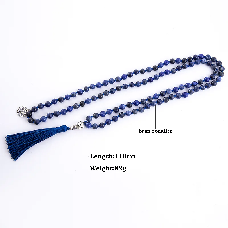 108 Mala Natural Sodalite  Handmade Beaded Knot Meditation Yoga Big Buddha Head Tassel Long Necklace