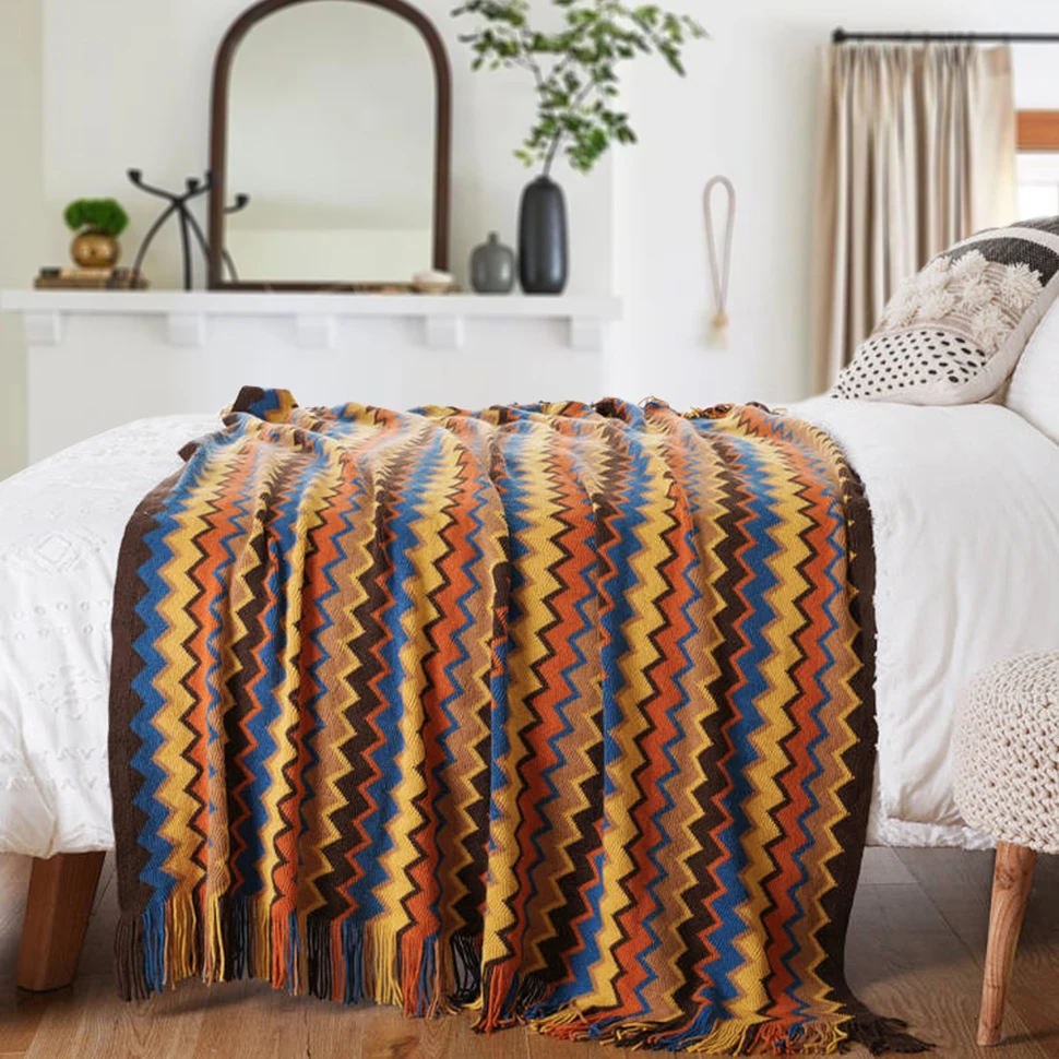 Battilo Boho Throw Blanket Lightweight Knit Throw With Tassels Bohemian Woven Sofa Blankets Soft Bed Plaid Decorative Blanket