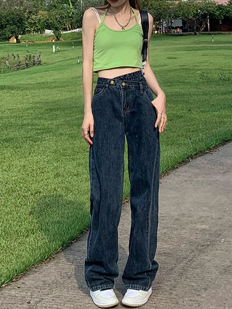 

Deep Blue Women's Jeans Loose Wide Leg High Waist Slimming Straight Leg Trousers Autumn New Arrival plus Size Casual Denim