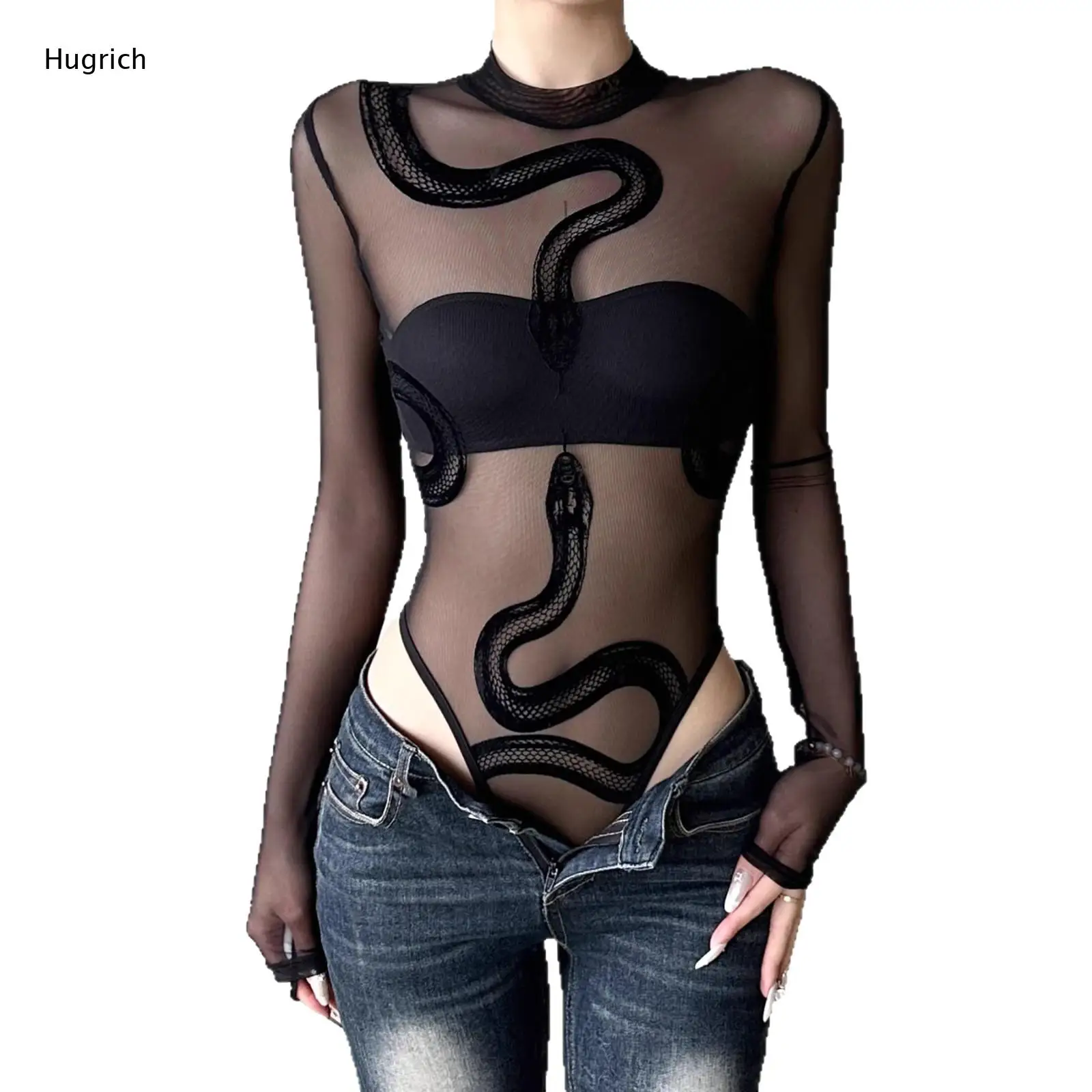 Women's Slim Mesh Bodysuit Long Sleeve Stand Neck Snake Pattern Embroidery See Through Black Top for Party Daily Street Outfits