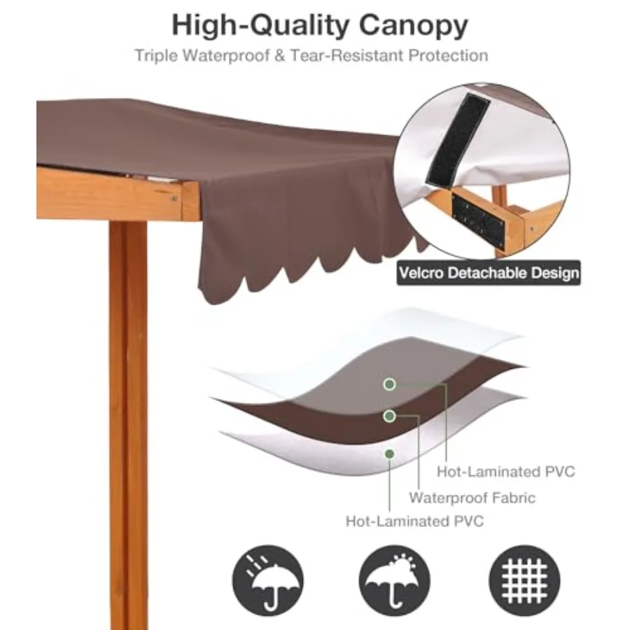 Outdoor sandbox with lid and cover, UV-resistant canopy, weatherproof wood, natural brown, leak-proof liner and foldable benche