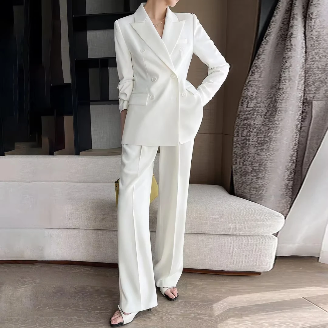 

Women Suit 2 Pieces White Double Button With Lapel Solid For Wedding Banquet Party Business Work Office Set Blazer And Pants