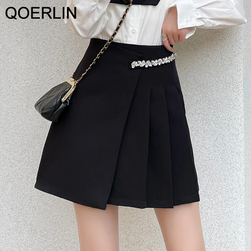 QOERLIN Kawaii Beaded White Skirts Women Summer High Waist Above Knee Mini Tennis Skirt Female Pleated Black Skirt