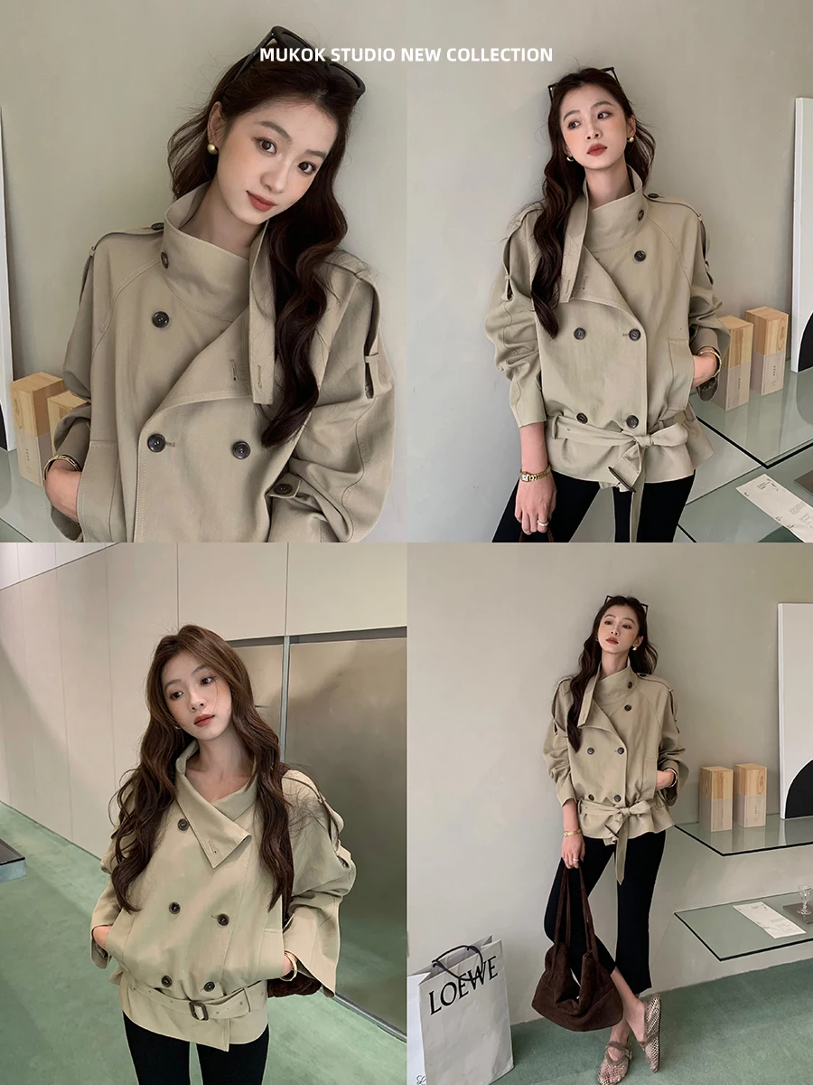 MUKOK Retro Lazy Double-Breasted Shoulder Strap Short Coat Classic Fashion Loose Stand Collar Short Outerwear for Women