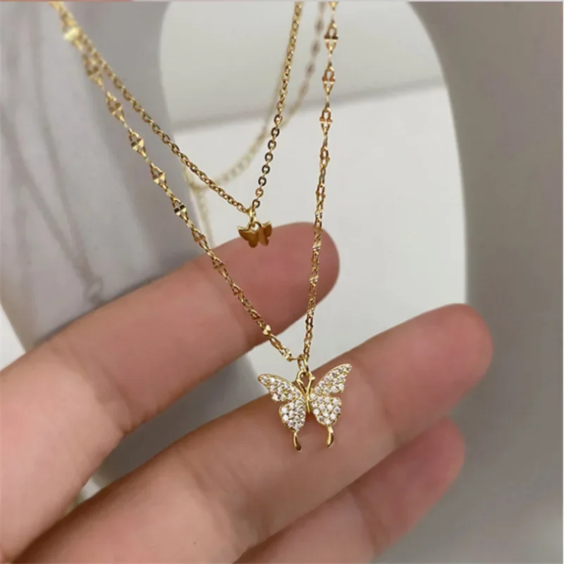 LATS New Shiny Butterfly Necklace Ladies Exquisite Double Layer Clavicle Chain Necklace Jewelry for Ladies Gift