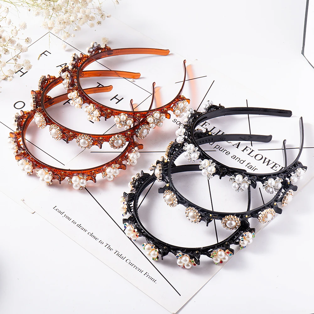 Pearl Flower Hairband Rhinestone Headband Women Hair Band Claw Hoop Double Layer Bangs Hairstyle Bezel Hairpin Hair Accessories