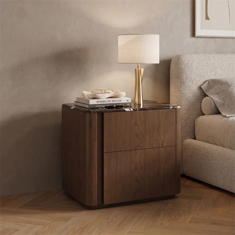 #Italian Solid Wood Nightstands Designer Bedroom Furniture Light Luxury Microcrystalline Stone Storage Cabinet Home Bedside Tabl