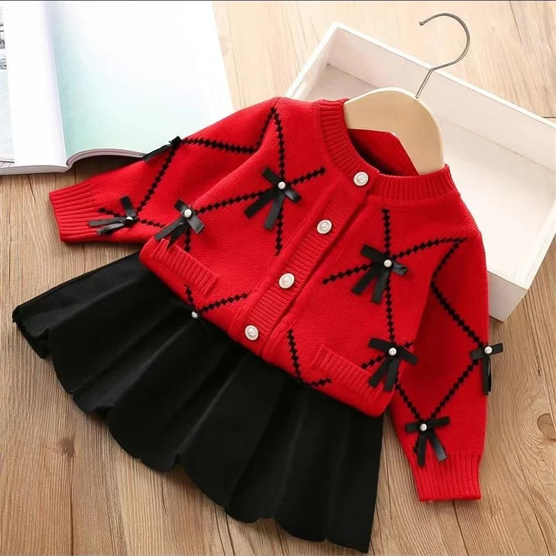 

Girls Clothing Sets 2024 Spring Autumn Girls Flower Knitted Suit Kids Clothing Top Pleated Skirt Outfit for Baby Girls Clothes