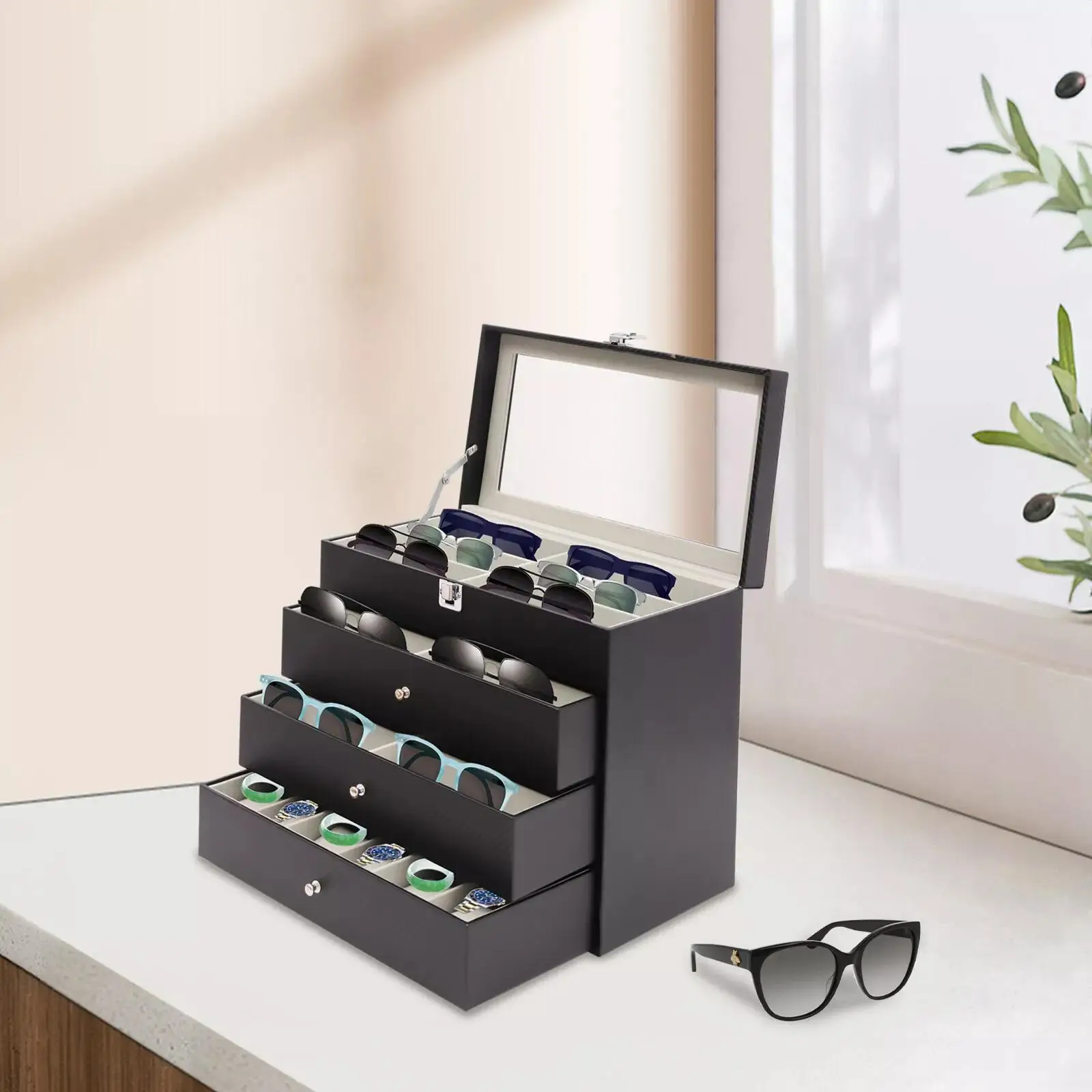 

Premium 27-Slot Eyeglass Organizer Case - Sleek Display for Sunglasses, Glasses, and More
