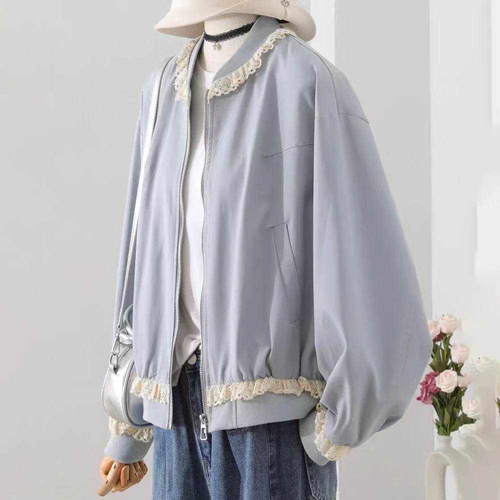 Korean Stand-up Collar Lace Splicing Short Baseball Women's 2026 Spring New Niche Thin Top