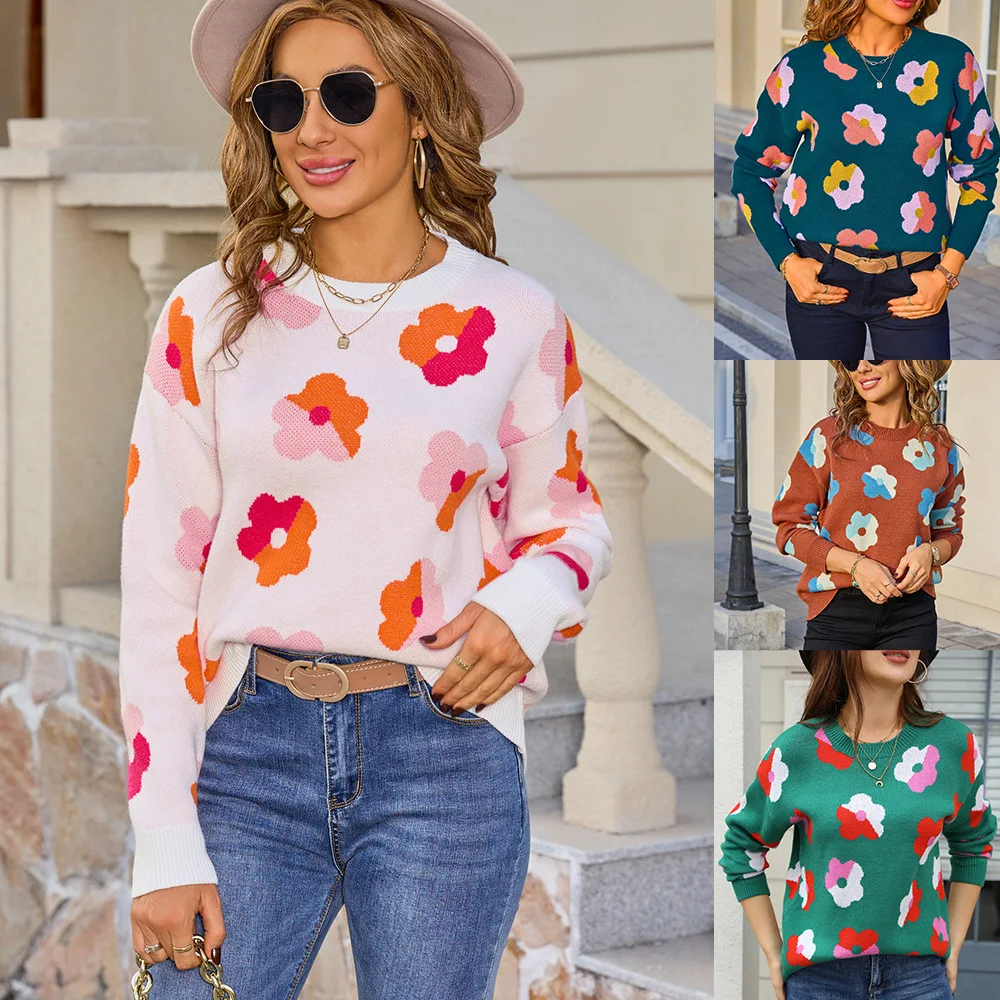 

Women Pullovers Sweaters Floral Round Neck Full Sleeve Jumpers Y2k Streetwear Work Elegant Splice Knit Autumn Winter 2025
