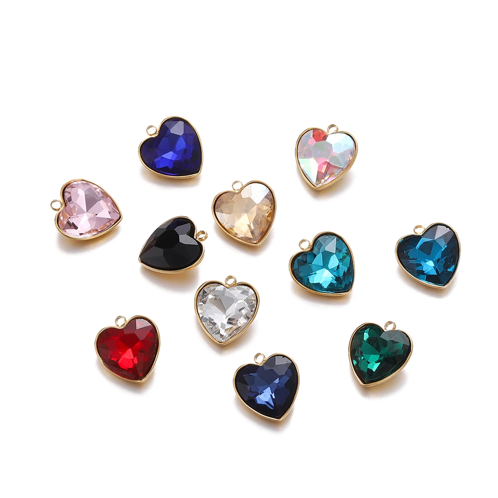 5 pçs/lote aço inoxidável cristal vidro amor coração forma encantos pingentes para diy colar contas jóias fazendo acessórios