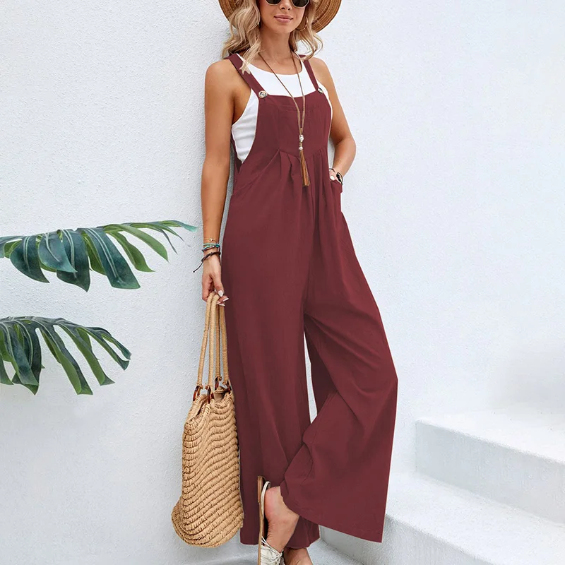 Vintage Katoenen Linnen Jumpsuit Vrouwen 2023 Casual Wijde Pijpen Met Stevige Knoop Bretels En Zakken Zomer Losse Overalls Rompertjes