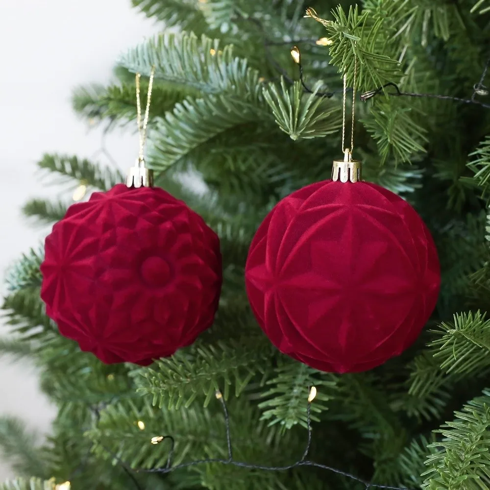 12Pcs Plastic Christmas Ball Ornaments Flocking 8cm Christmas Spheres Pendant Embossed Festive Hanging Decorations