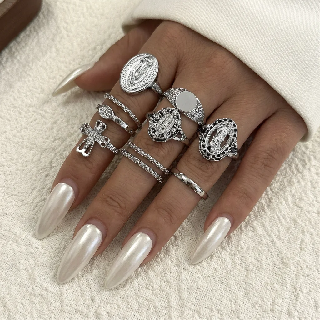 10 peças/set vintage strass retrato anel para mulheres retro incrustado rosto charme ajustável empilhável anel jóias presentes