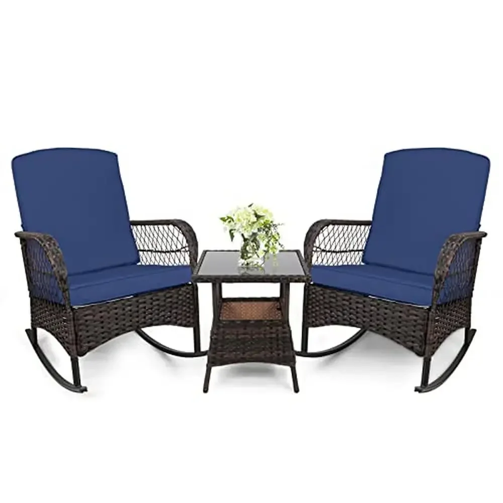 

Outdoor 3pcs Rocking Bistro Set with Cushion PE Wicker Chairs & Tempered Glass Table Patio Relaxing Furniture Kit Dark Blue