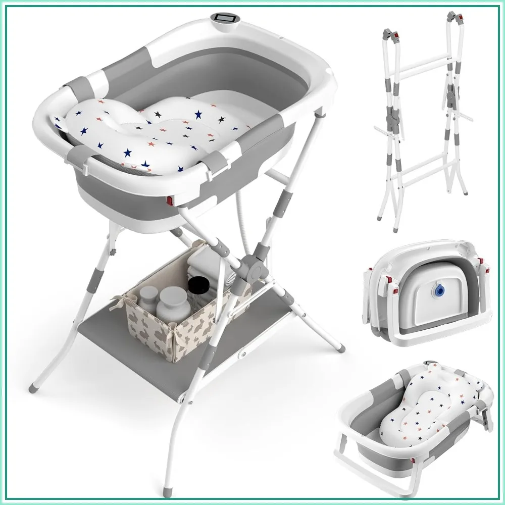 Bañera Plegable 2 en 1 para Bebé con Soporte, Bañera Plegable para Recién Nacidos hasta Niños Pequeños, Portátil con Cojín Suave, Gris