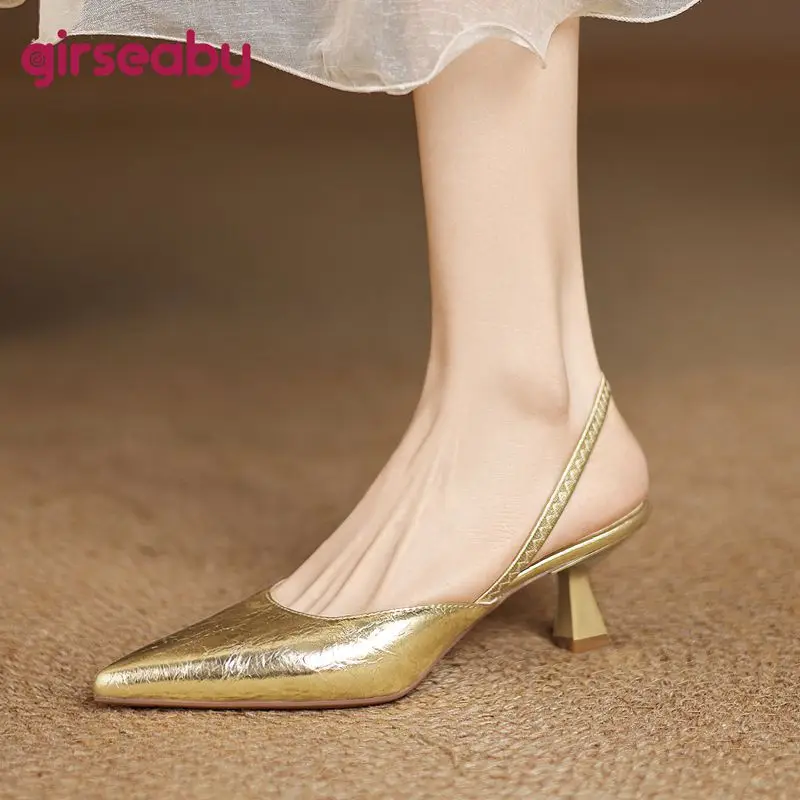 

Girseaby 2025 пикантные женские босоножки с острым носком на странном каблуке 5,5 см, слипоны с ремешком сзади, большой размер 41, 42, модная женская обувь для свиданий