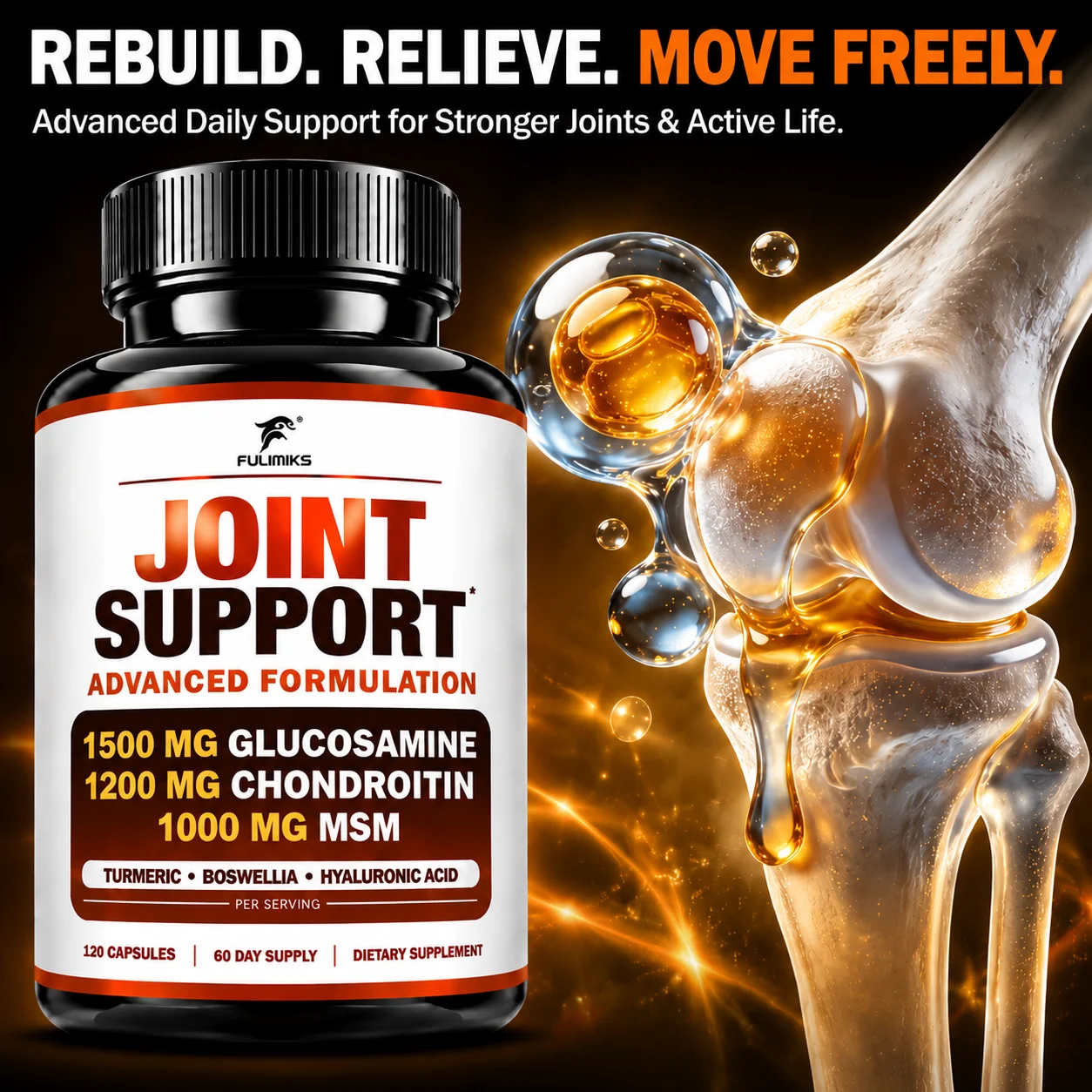 Joint Support Capsules, with Glucosamine, Chondroitin, MSM & Turmeric, Promotes Joint Flexibility Mobility, Nourishes Cartilage