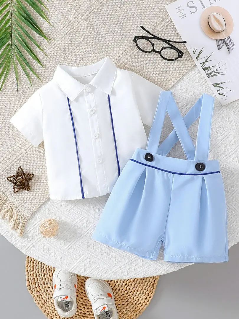2025 New Summer Solid Color Casual Short-Sleeved Shirt with Solid Color Overalls Shorts Fashionable and Versatile Two-Piece Set