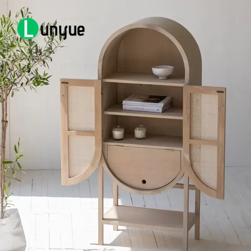 Natural Bohemian Organic Rattan Cabinet Modern Curved Oak Storage Furniture Multifunctional Living Room Decor Eco Friendly