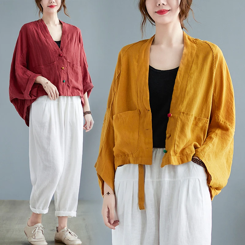 

Retro Sle ort Cotton Linen Jaet Large Size Women's Faion V Ne Batwing Sve Open Cardigan Top Autumn Season