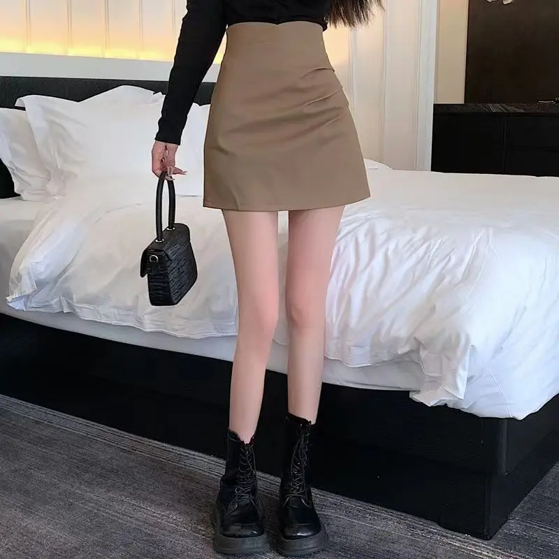 Spring Autumn Simplicity Slim High Waist Folds Leather Skirts for Women 2023 Fashion Office Lady Solid Color A-Line Mini Skirt