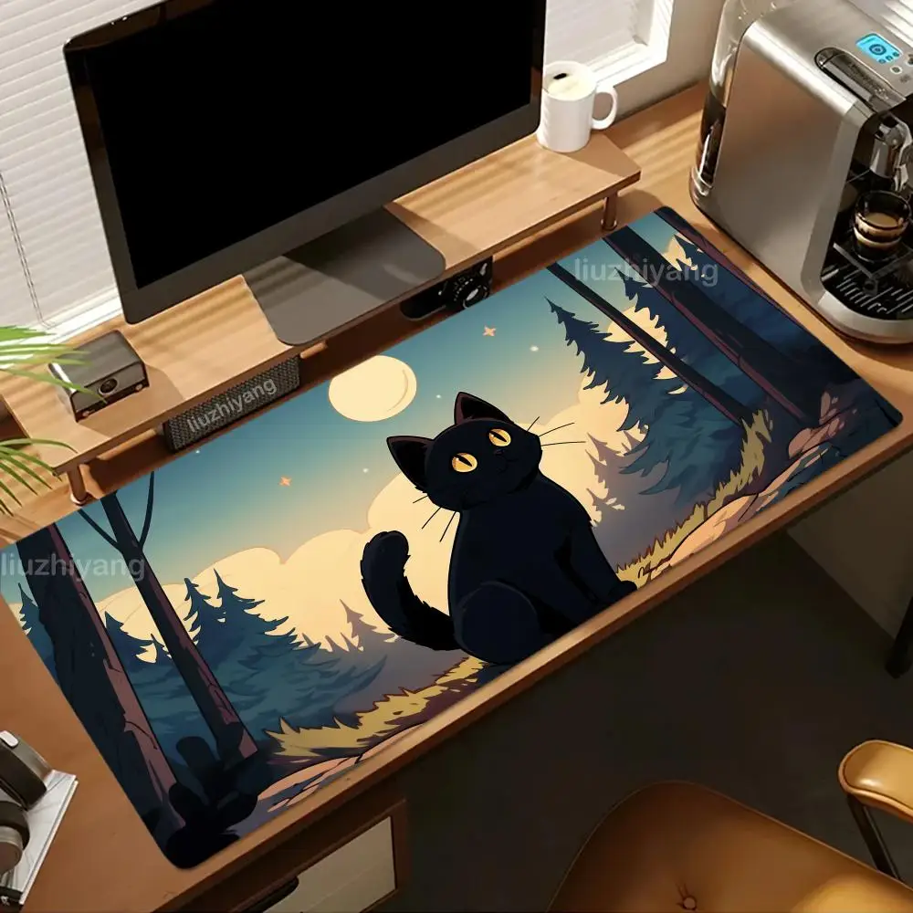 

Black Cat Mouse Pad Japan Style Large Computer Office Game Table Mat XXL Rubber Anti-slip Stitched Keyboard Mats Long Desk Pads