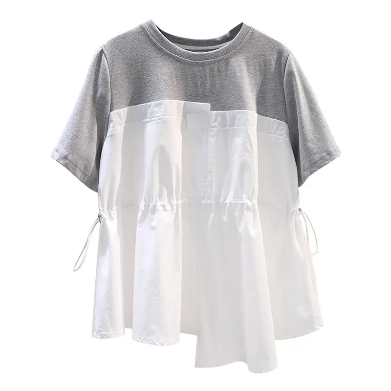 Women Clothing Irregular Contrast Patchwork Trend Tops Summer New Short Sleeve Drawstring Loose Vintage T Shirts Fashion Casual - Image 3