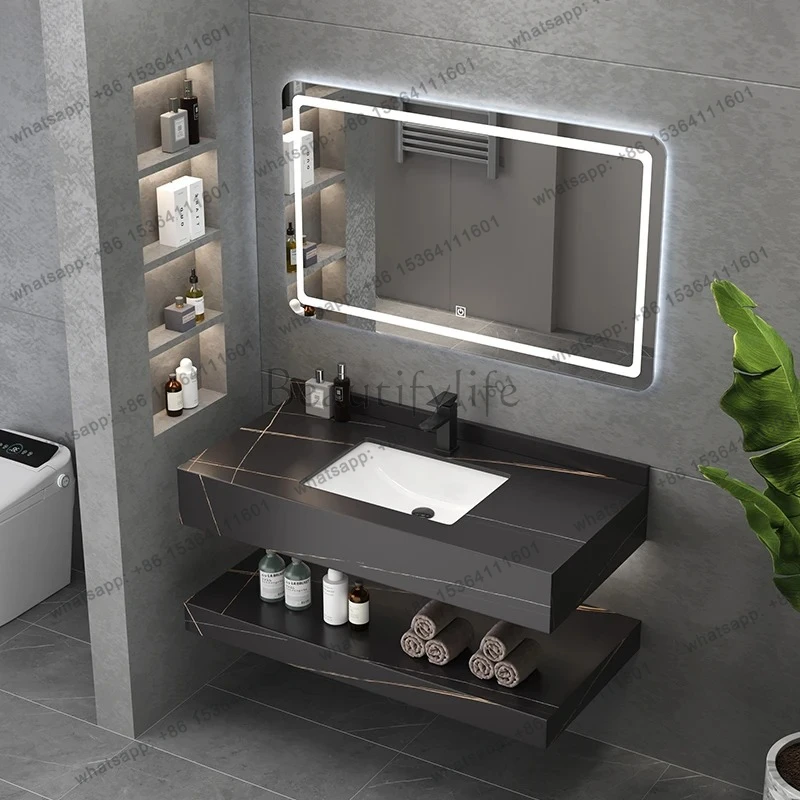 Double Layer Rock Plate Wall Mounted Wash Basin Bathroom Cabinet Combination Washstand Household Marble Wash Basin