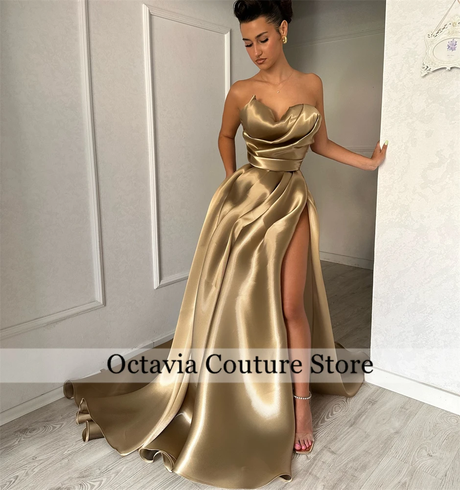 

Вечернее платье без бретелек в Саудовской Аравии по индивидуальному заказу, трапециевидные юбки длиной до пола, драпированные рюши, платья на день рождения, платье для выпускного вечера с высоким разрезом