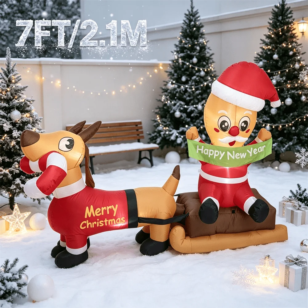 7FT/2.1M Inflatable Model Toy Dachshund Pulling Santa Sleigh Merry Christmas Happy New Year with LED Light Yard Decor