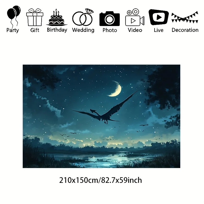 نسيج الزواحف الليلية النابضة بالحياة - تصميم الزواحف المجنحة الساحرة مع اكتمال القمر والنجوم، مثالي لديكور المنزل والحفلات،