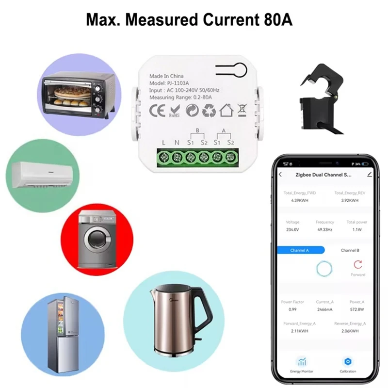 Tuya Smart Life Wifi Energy Monitor แบบสองทิศทาง 1 ช่องพร้อม CT Clamp App Monitor