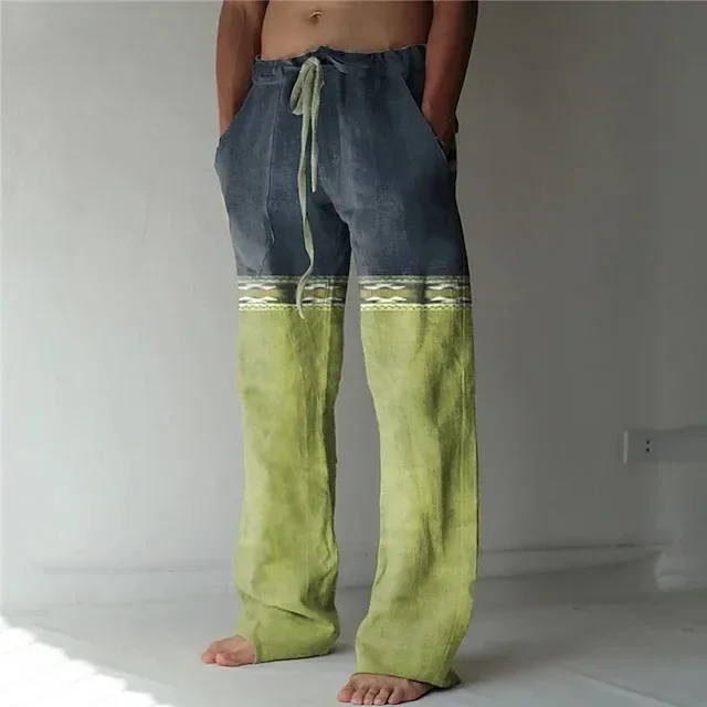 Pantalones casuales con estampado de tótem retro étnico para hombre, pantalones de cáñamo de bambú, transpirables, con cordón, sueltos, guapos,