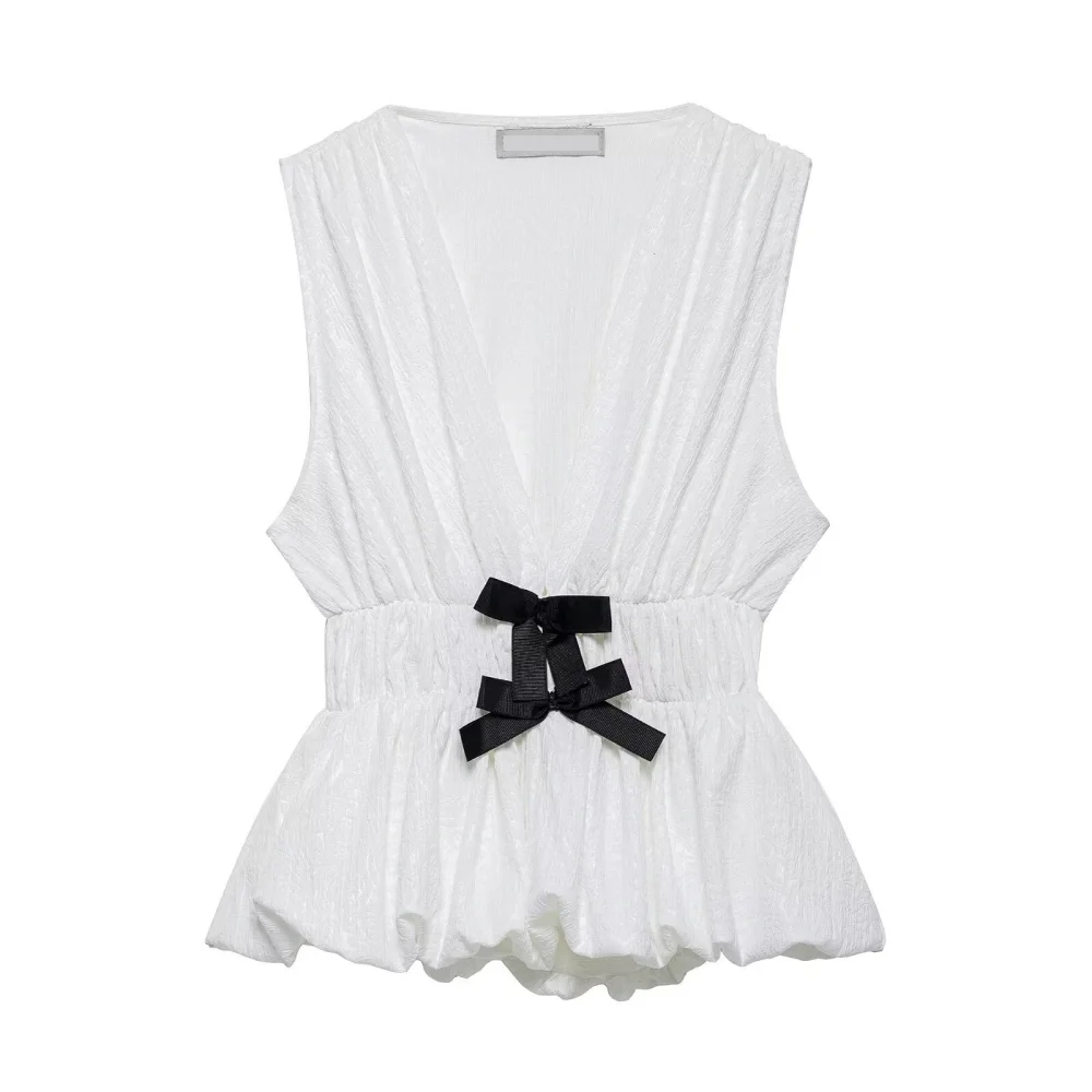 

2025 BM&MD&ZA Women's Sleeveless Top Deep V - neck Design with Ruched Detailing and Black Bow Accents at the Waist