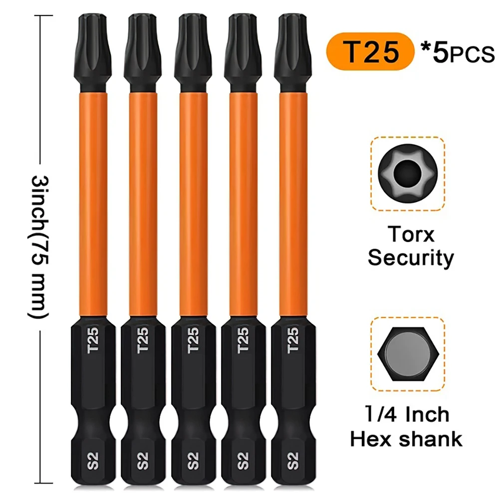 

5Pcs T20 T25 Torx Screwdriver Bits 1/4 Inch 75mm Long Hex Shank Magentic Torx Bit Set S2 Steel Torx Head Drill Bits