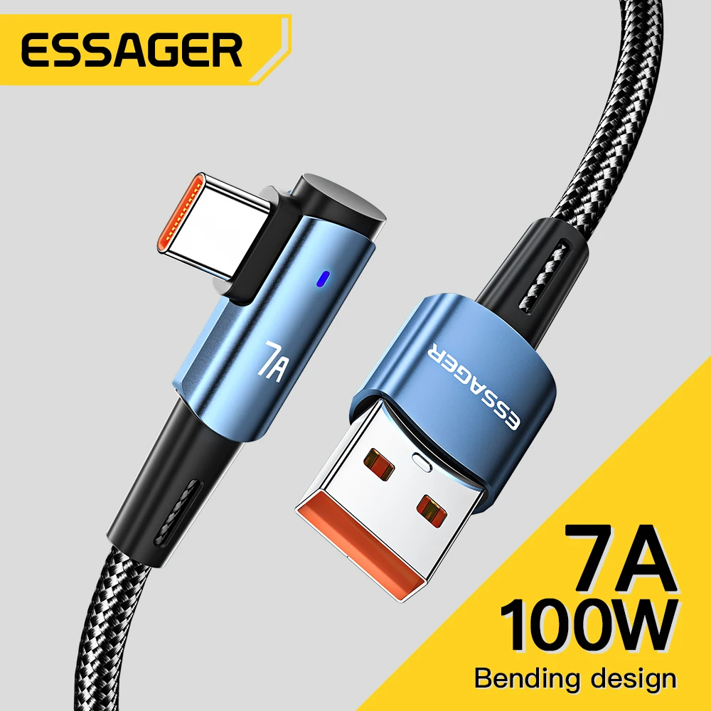 Essager 7A USB Type C Cable Angled For OPPO 100W Fast Charing Cord For Honor Huawei P40 Oneplus Realme USB-C Charger Data Wire